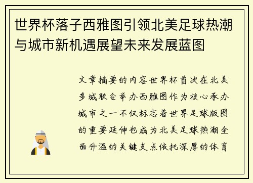 世界杯落子西雅图引领北美足球热潮与城市新机遇展望未来发展蓝图