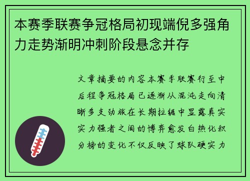 本赛季联赛争冠格局初现端倪多强角力走势渐明冲刺阶段悬念并存